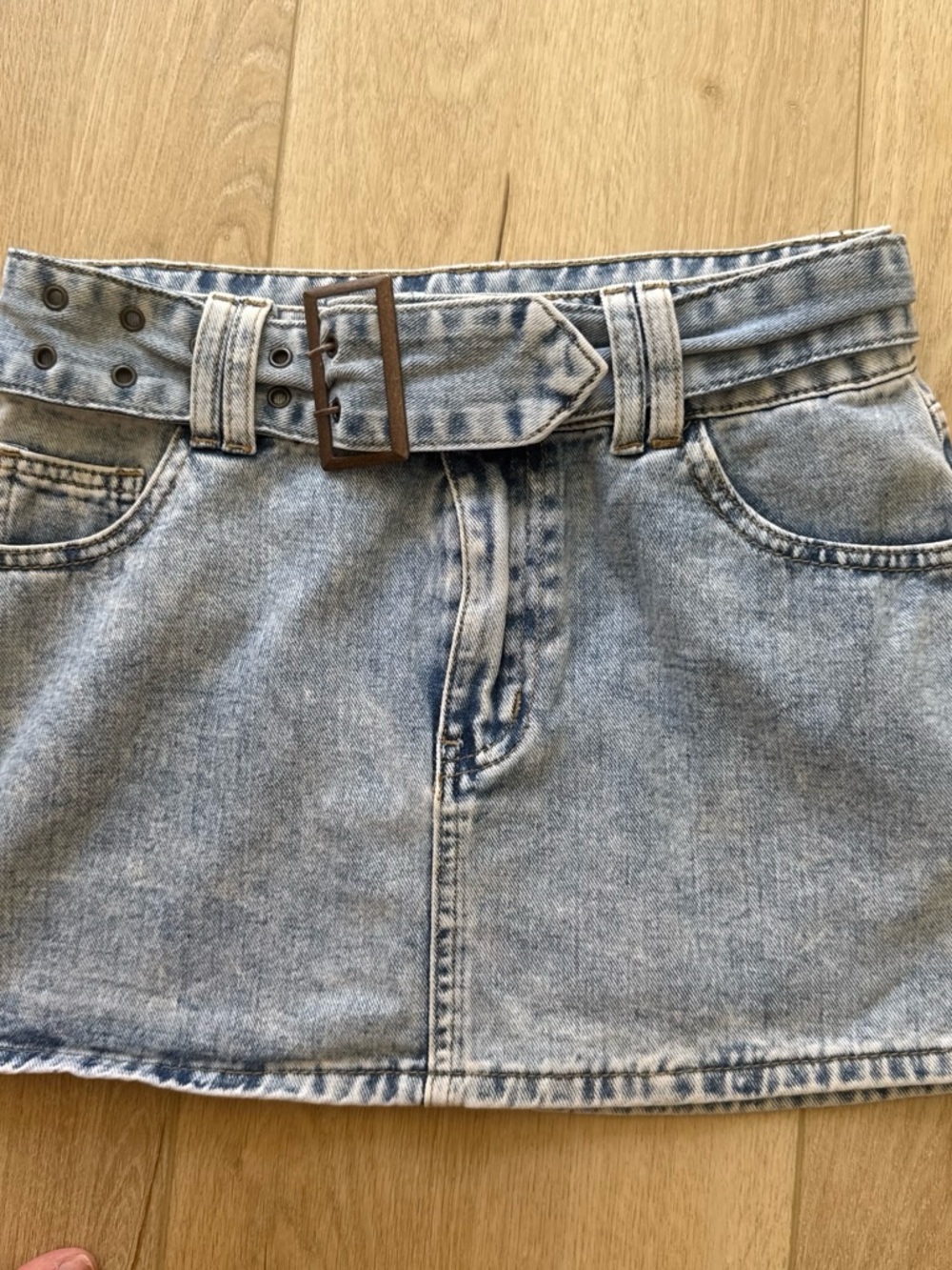 Sincerely Jules Light Blue Denim Mini Skirt with Belted Waist